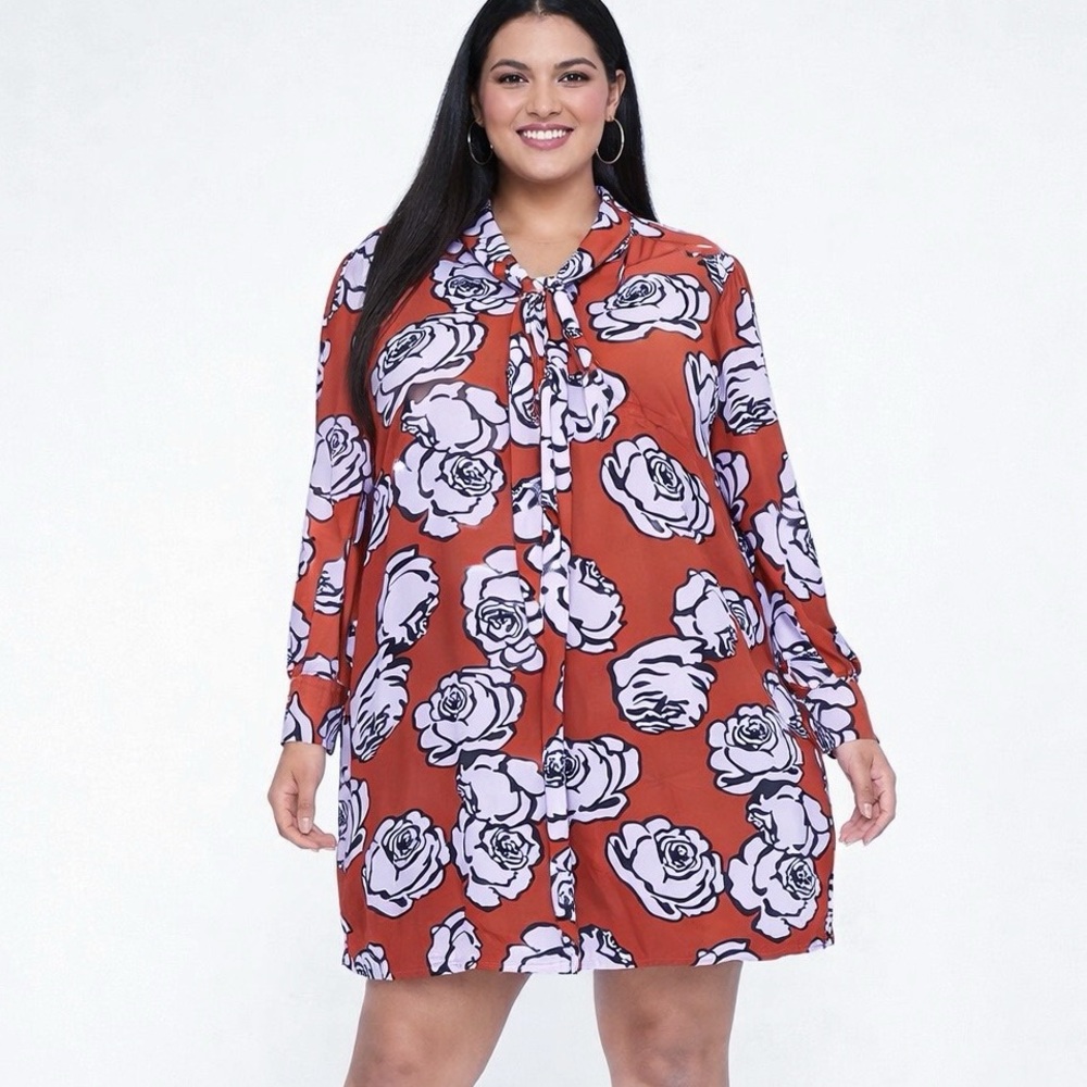 Who What Wear Plus 3X Floral Tie Neck Rust Shift Dress Long Sleeve Arabian Rose